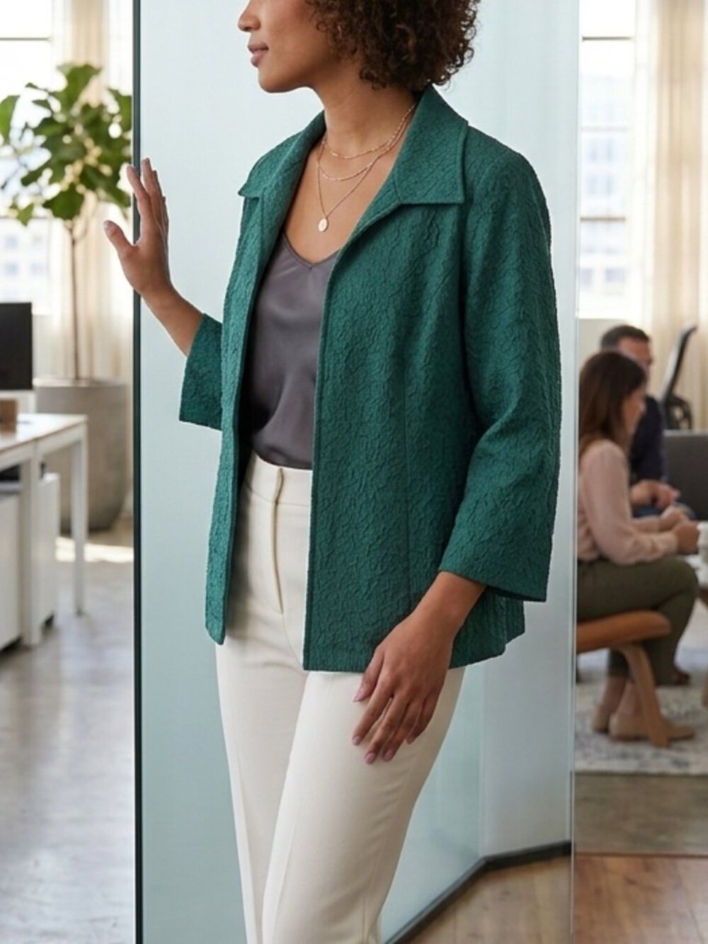 Vintage Emerald Green Crinkle Jacquard Workwear Open Blazer Jacket Size 12
